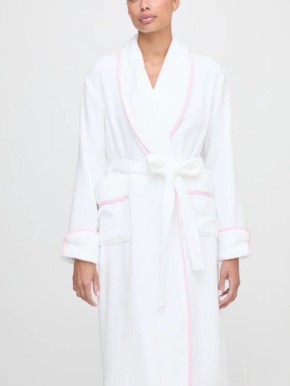 Hill House The Hotel Robe - White/Light Pink Piping - S/M Size